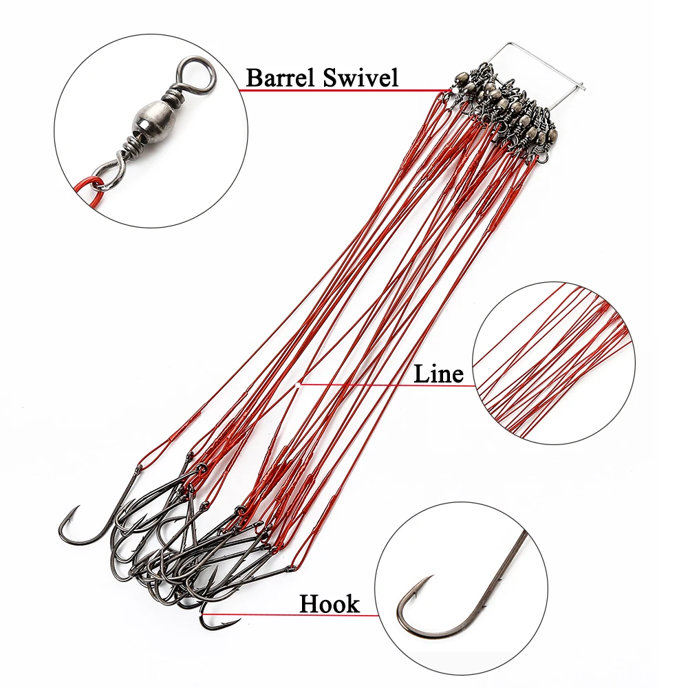 FTK 20pcs 12-25cm Anti Bite Steel Wire Leader Leashes For Fishing 20-80LB With Baitholder Hook Swivel Fishing Line Pike Bass