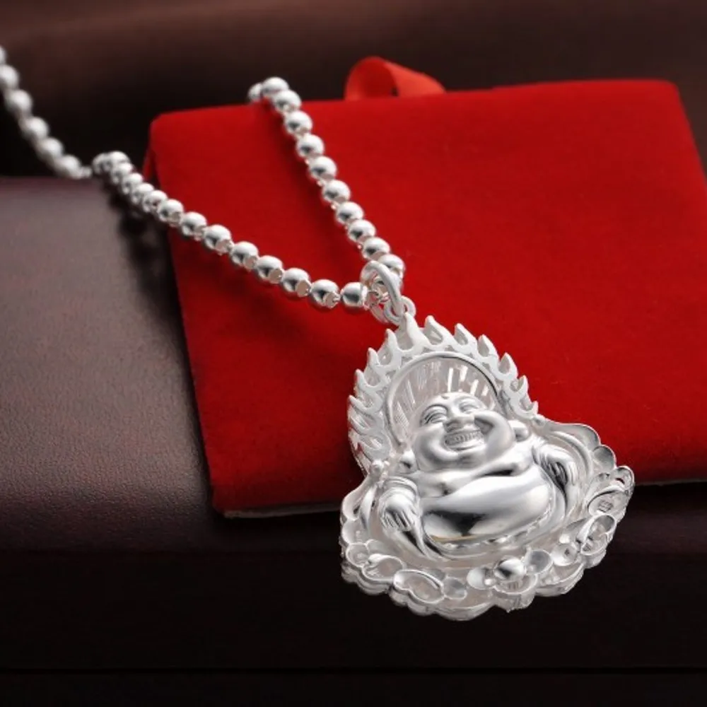 BOCAI  New S999 Silver Jewelry Accessories Laughing Buddha Maitreya Buddha Man and Woman Pendant