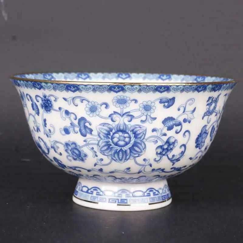 Chinese Blue and White Porcelain Phnom Penh Eight Treasures Auspicious Edged Lotus Design Bowl Crafts Ornaments