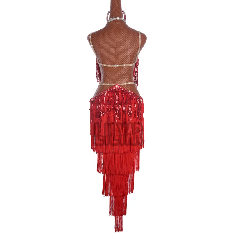 Tassels Latin Dance Dress Skirt Competition Dress Decoration Latin Dance Costumes Skirtes Red Sequins Sparkly Rhinestone Flowing