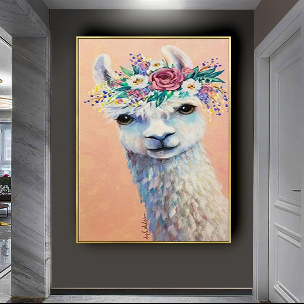 100% Hand-Painted Funny Animal Oil Painting Alpaca Sheep Ostrich Canvas Poster  Uinque Gift Wall Art Picture Home Decor Artwork