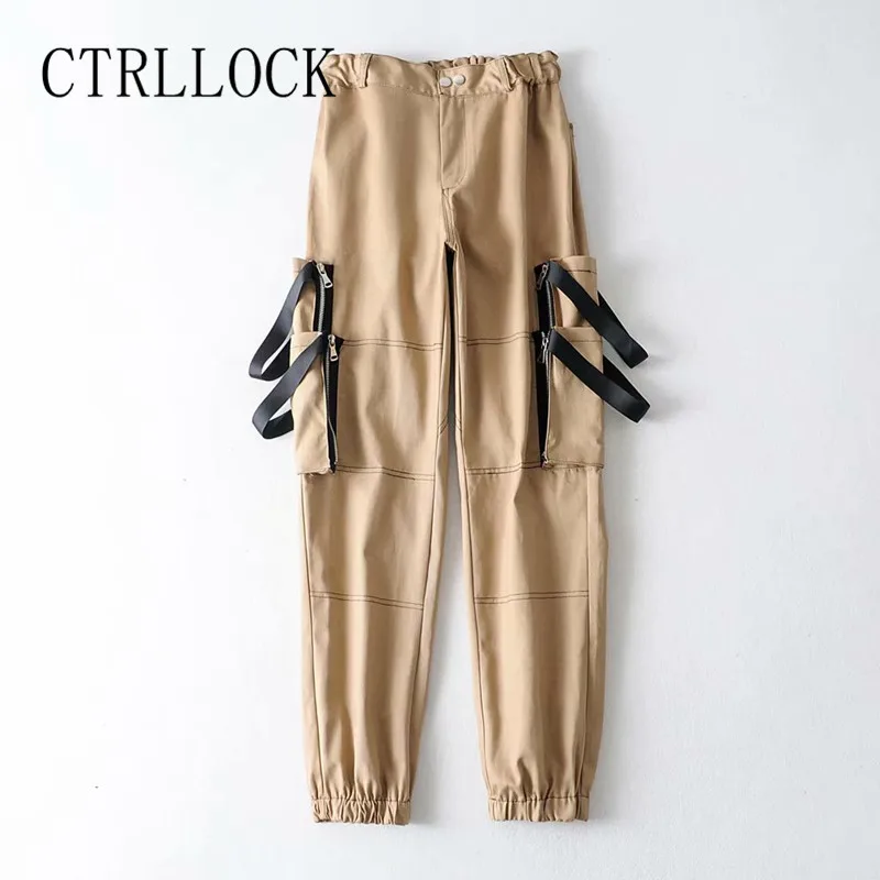 

CTRLLOCK Streetwear Grunge High Waist Multi Pockets Elastic Women's Cargo Pants Hiphop 2021