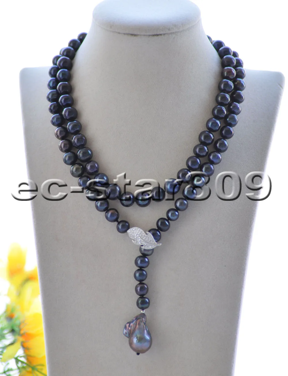 

P7542 34" 11mm Black Round FW Pearl Necklace Keshi Pendant Leaf CZ Choker Women jewelry