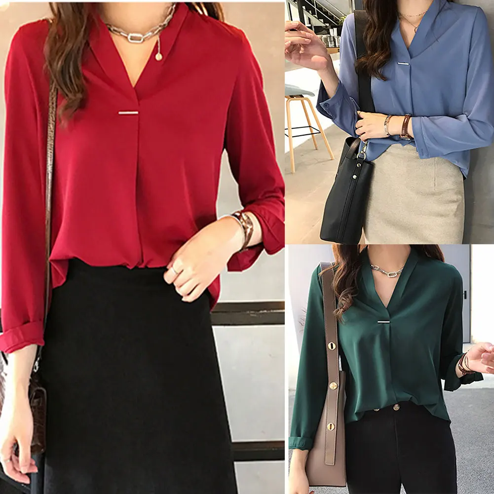 Blusa informal de gasa para mujer, camisa de manga larga con cuello en V, para trabajo y oficina, a la moda, novedad de otoño, 2019