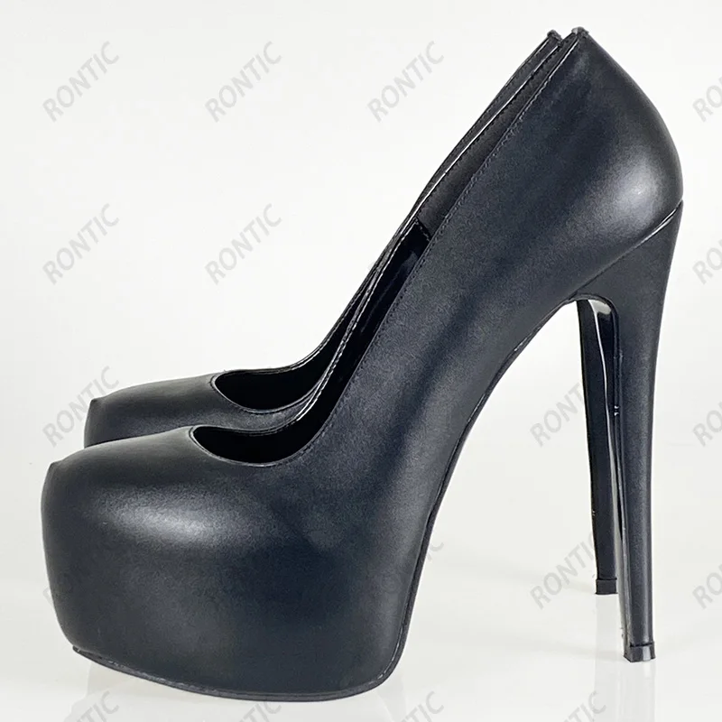 Rontic Handmade Women Spring Platform Pumps Faux Leather Stiletto Heels Round Toe Elegant Black Night Club Shoes US Size 5-20