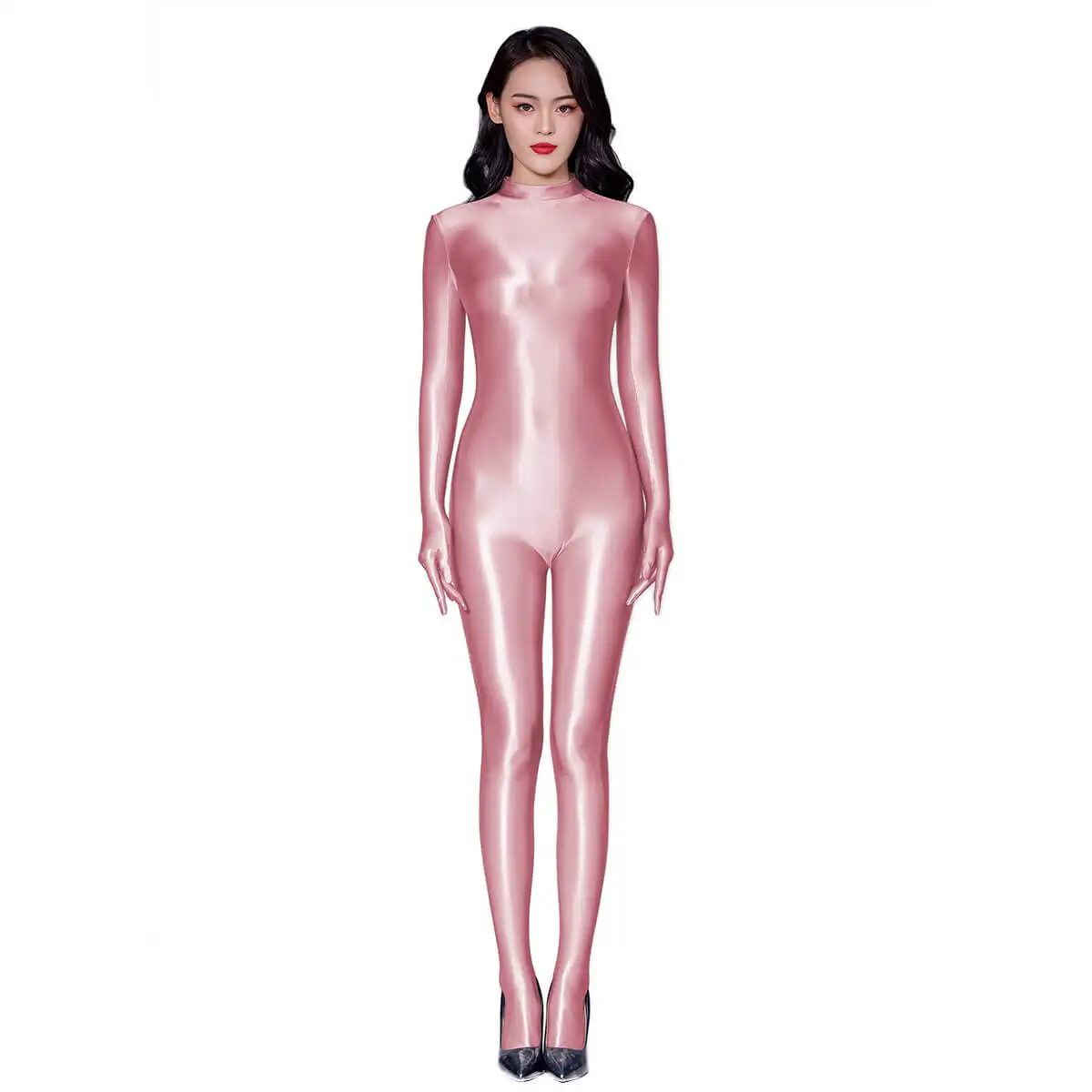 Metelam Unisex Glossy One-piece Wet-look Satin Long Sleeve Footed Catsuit  Turtleneck Zipper Back Leotard  with Finger Gloves