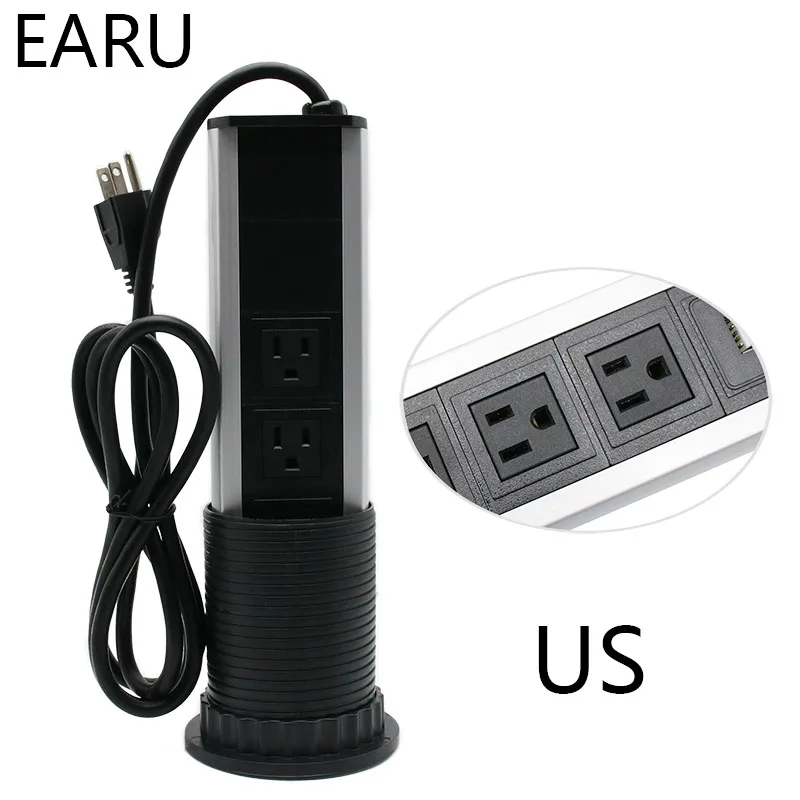 220V 16A PULL POP UP Electrical 3 Plug Socket 2 USB Kitchen Table Plug Sockets Retractable for Countertops Worktop UK/EU/US Plug