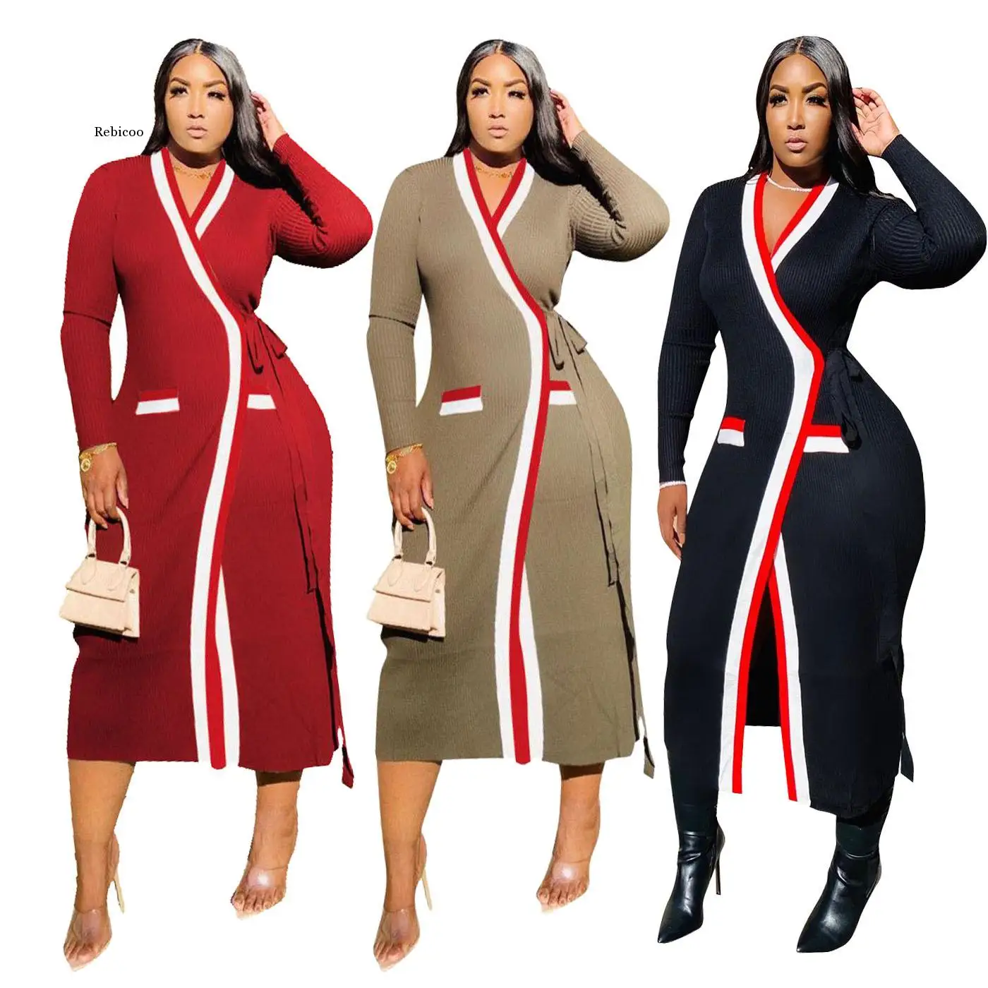 

Autumn Winter Knitted Women Wool Blends Streetwear Long Sleeve High Waist with Sashes Ribbed Jacket Coats