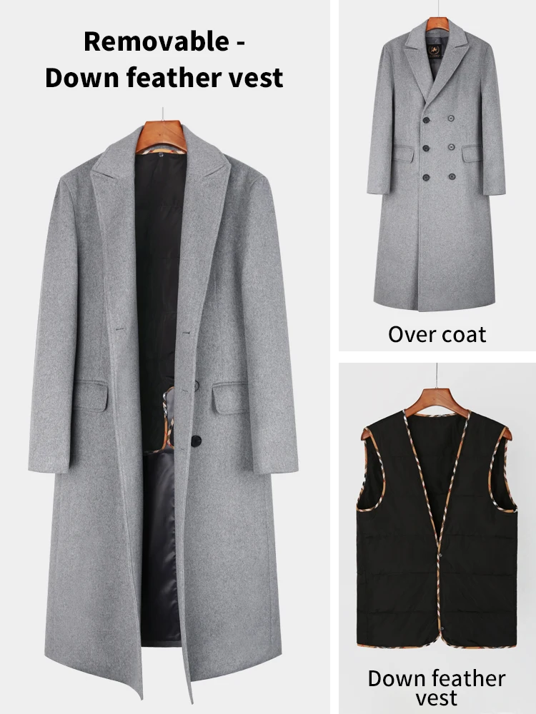 Wool coat men's double breasted knee length thickened detachable down liner business trip men's tweed coat