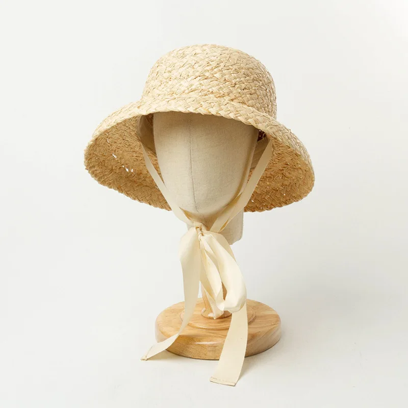 Children Hand-knitted Raffia Retro Flat Top Sun Hats Girls And Boys Summer Travel Sunscreen Vacation Straw Hat With Lacing S1161