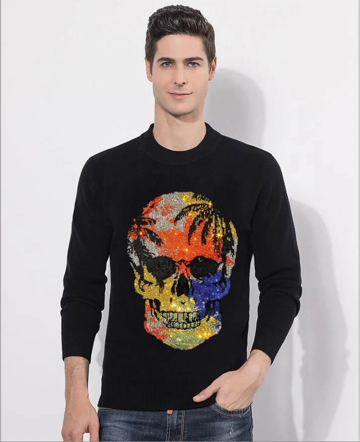 

Anime casual Diamond pullover men Skull sweater clothing pull sweaters mens fashion male knitwear Hot drill