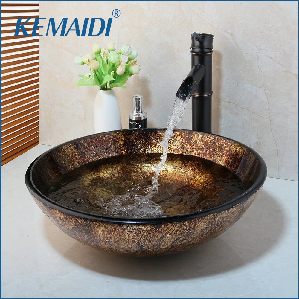 KEMAIDI New Soild Brass Oil Bamboo Black Faucet +Ross Brand 2015 Washbasin Lavatory Glass Sink Bath  Combine Tap Mixer Faucet