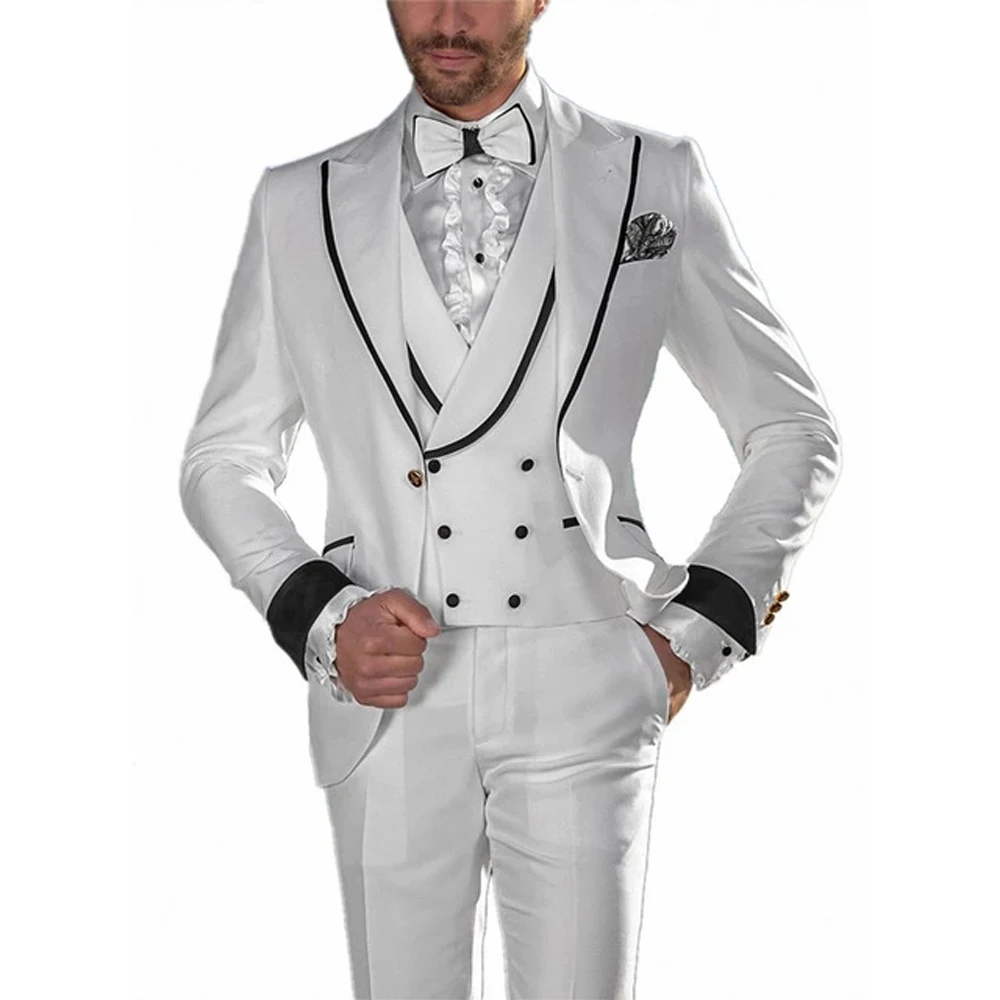 Latest Coat Pant Design Beach Wedding White Tuxedo Suits Double Breasted Peak Lapel Prom Dress Wear For Dinner Prom Party