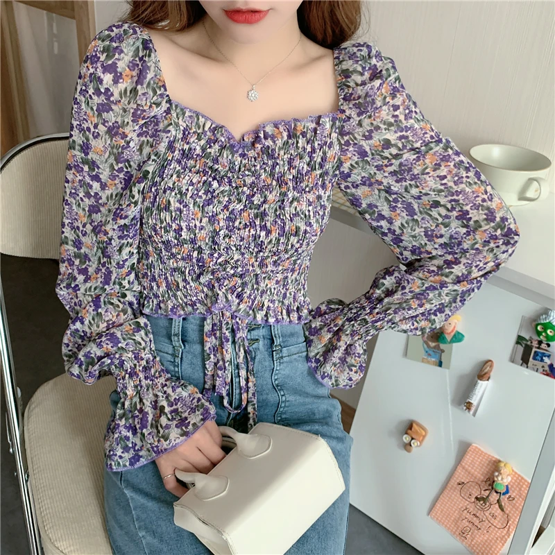 Flare Sleeve Blouse Women Square Collar Folds Floral Tender Skinny All-match Fashion New Elegant Cozy Holiday Mujer Crop Top Ins