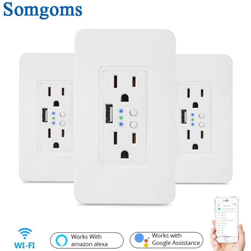 

Wifi Wall Power Electric Socket 2 USB Outlets Plug Timer Socket US Standard Smart Remote Control Work with Alexa Google Home