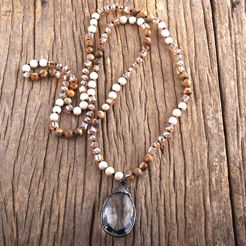 Fashion Bohemian Jewelry Natural Stones Crystal Knotted Glass Drop Pendant Necklaces Women Lariat Necklace