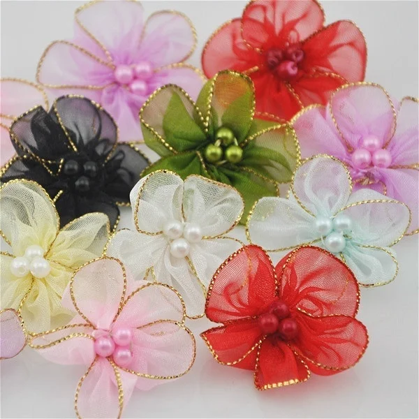 10Pcs 30mm Pick Organza Ribbon Flowers Bows Beads Appliques Wedding Craft DIY Christmas Decoration