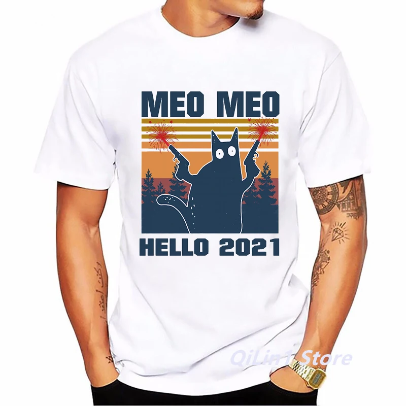 Meo Meo BLACK CAT Hello 2024 Graphic Print Tshirt Men Cool Tee Shirt Homme Harajuku Kawaii Clothes Summer Tops T-Shirt