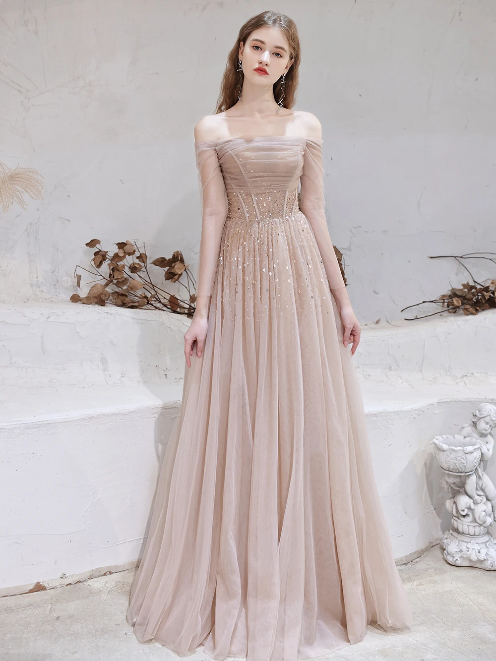 Robe de Soirée Trapèze à Col Bateau et Manches sulf, Tenue de Bal de Luxe, Paillettes et Perles, Couleur Rose Nude, 2020