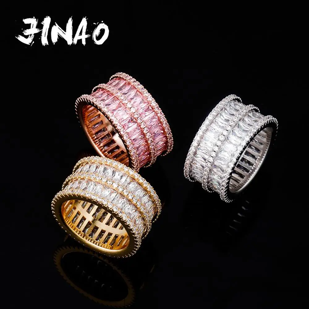 JINAO 12MM High Quality Iced Out Cubic Zirconia Stones Ring Gold Silver Color Hip Hop Rock  Fashion Jewelry For Men Women Gift