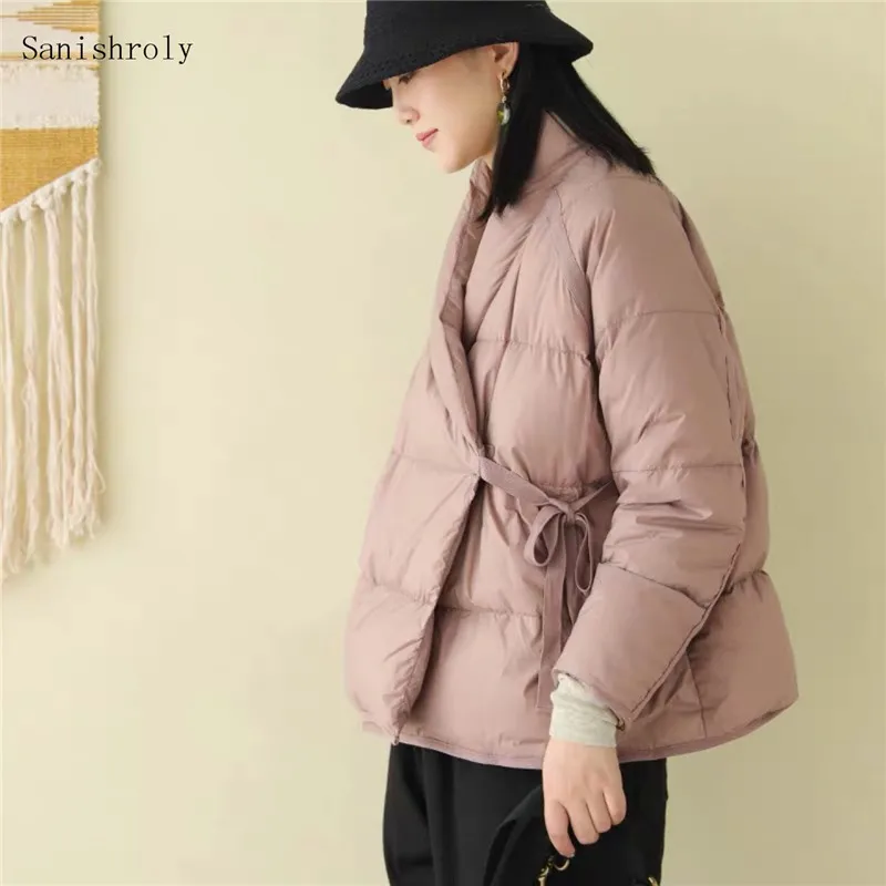 Autumn Winter Oblique Collar 90%White Duck Down Coat Women Vintage Oversize Short Jackets Female Fashion Slim Casual Down Parkas