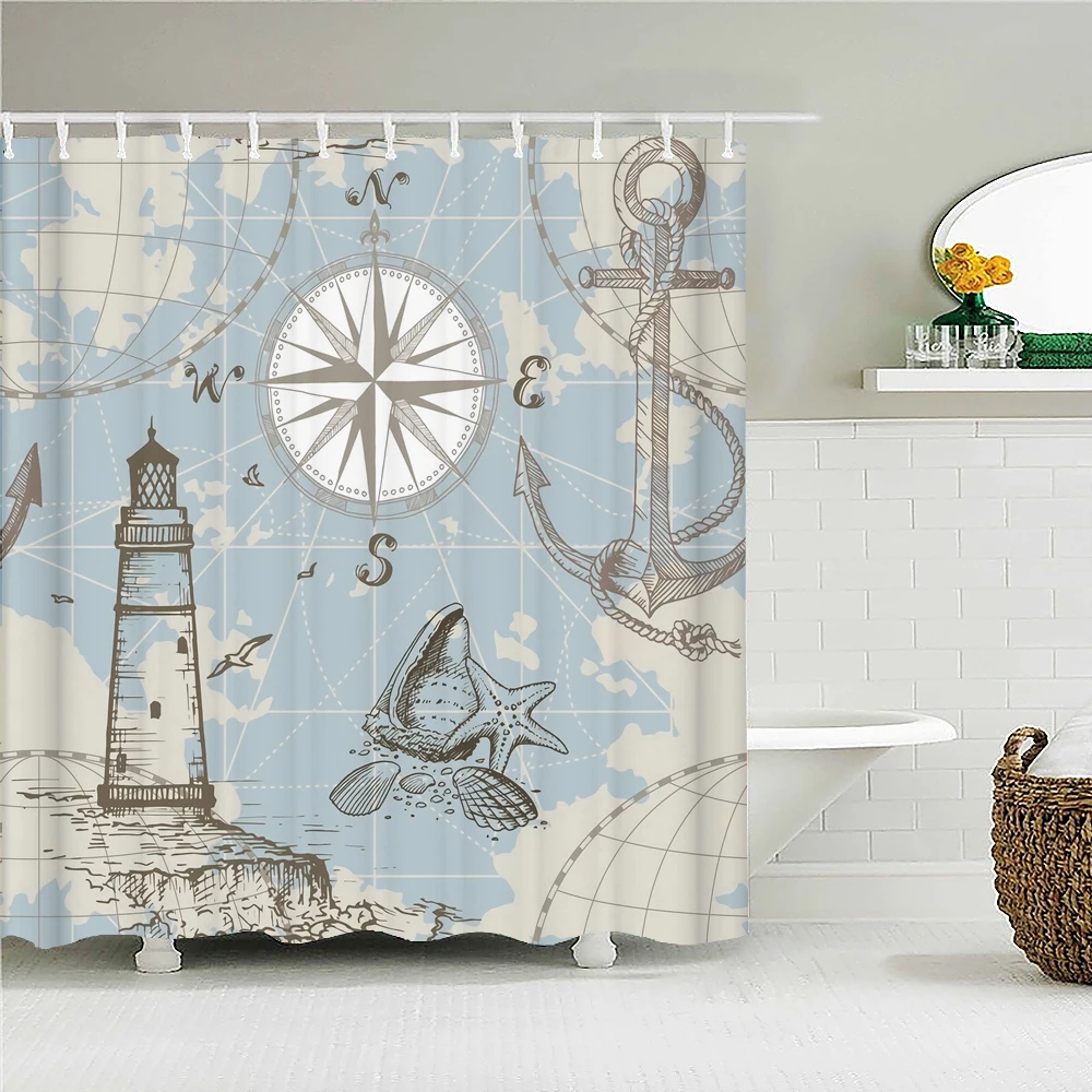 Ocean Sailing Anchor Fabric Shower Curtain Bathroom Curtains Geometry Pattern Waterproof Polyester Bath Screen with 12 Hooks