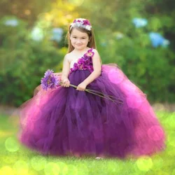 Girls Fuchsia Flower Tutu Dress Kids Crochet Tulle Dress Ball Gown with Strap and Headband Children Birthday Party Costume Dress