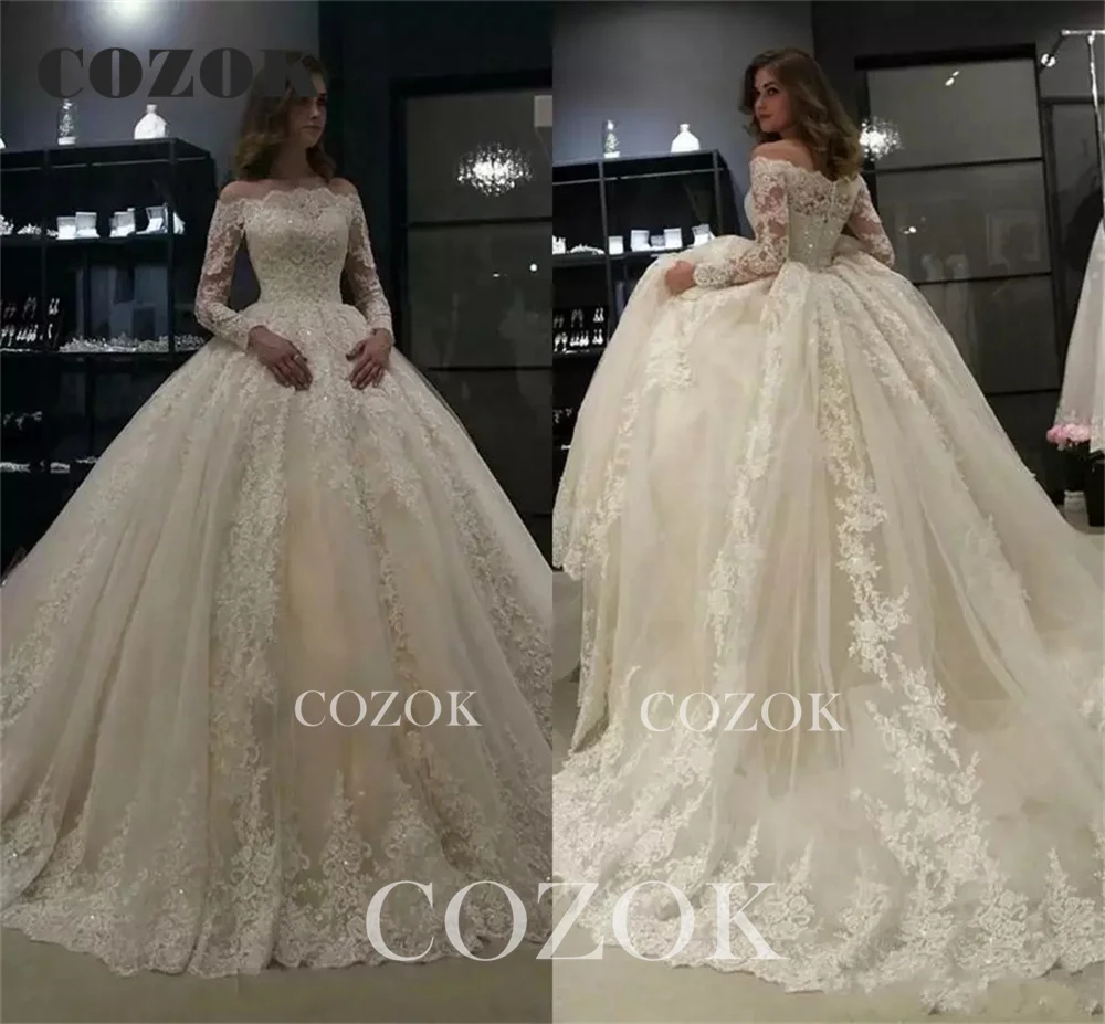 Luxury Wedding Dresses Ball Gown Long Sleeve Puffy Tulle Lace Appliques Beading Vintage Formal Bridal Gowns CO02