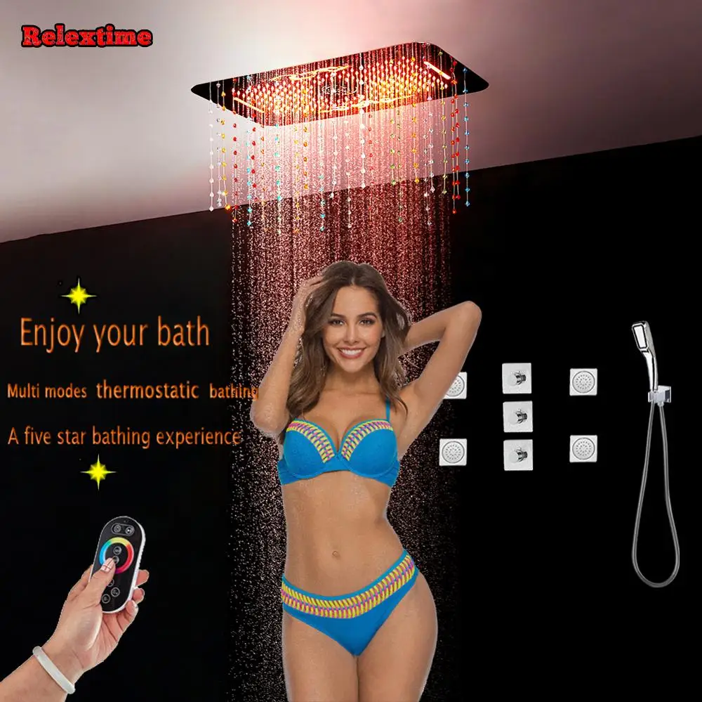 

Crystal Pendant LED Ceiling Shower Head Cold Hot Water Mixer Bathroom Concealed Shower Set Thermostatic Faucet Valve massage Jet