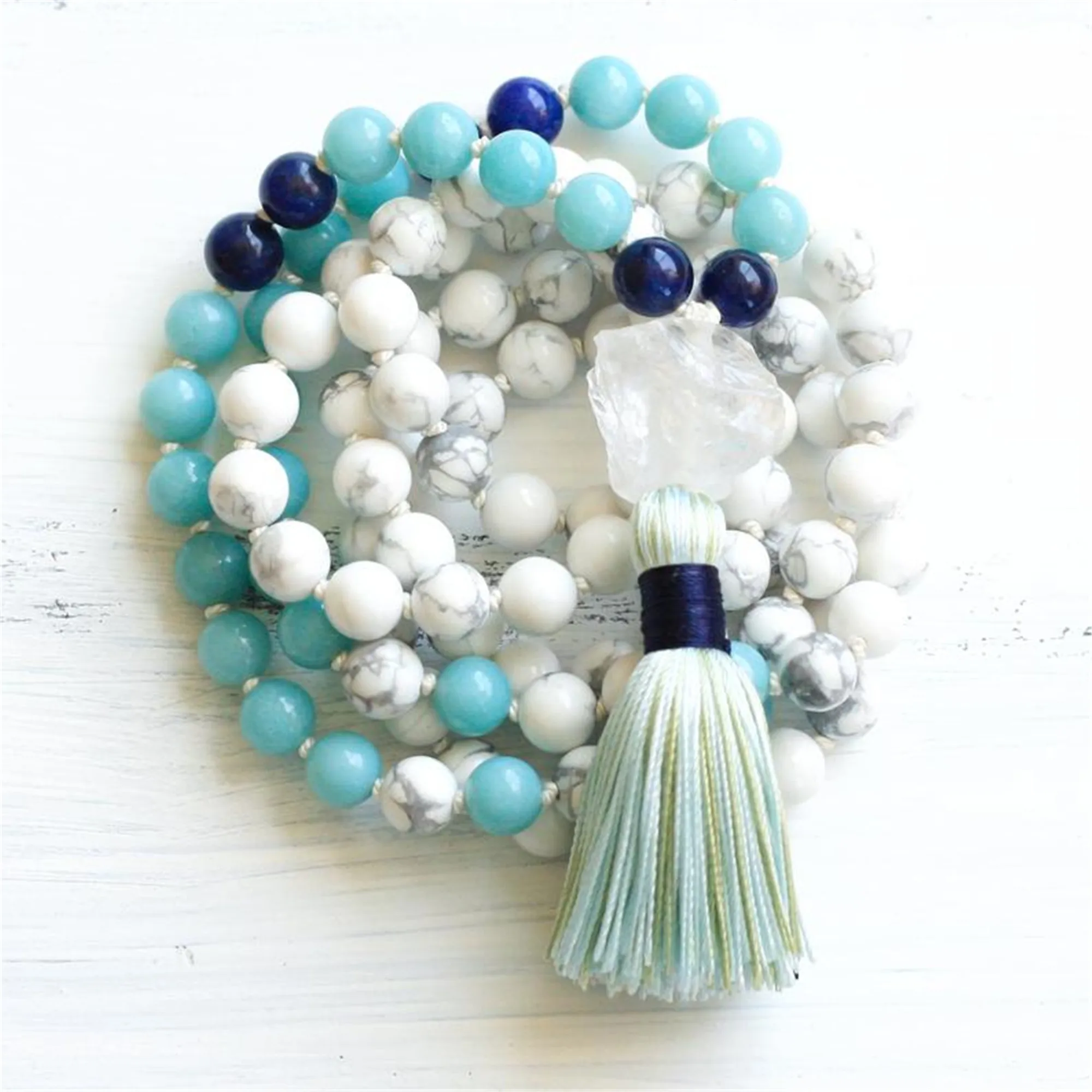 

8mm Natural Howlite 108 Beads Handmade Tassel Necklace Chakra Buddhist Cuff Men