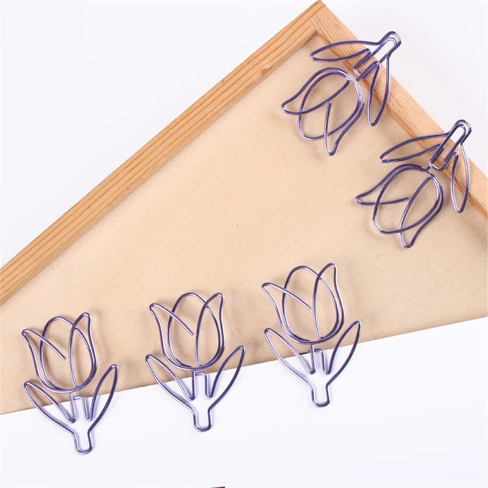 12 Stks/doos Paarse Tulpvormige Paperclip Bladwijzer Briefpapier Voor Diy Dagboek Album Office Student Markering Clips