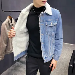 Winter's Men's Fashion Fleece Thick Pure Color Casual Denim Jacket Male Cotton Slim Vintage Jackets Men Coats
