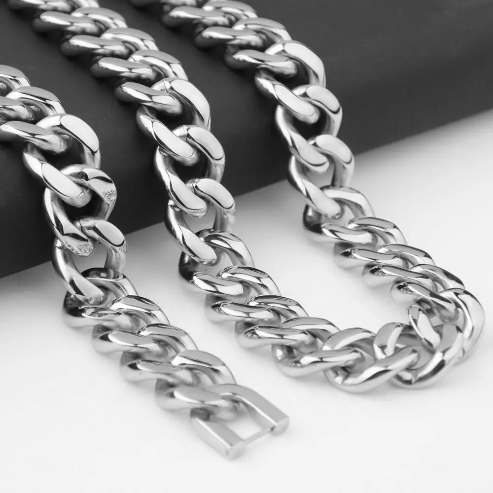 High Polishing 13/15mm Width Cool Mens 316 Stainless Steel Silver Color Cuban Link Chain Necklace Bracelet 7\