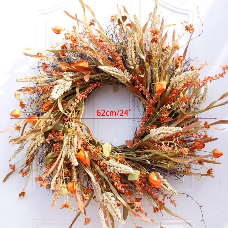 24 Inch Fall Wreath Front Door Wreath Grain Wreath Harvest Gold Wheat Ears Circle Garland Autumn Wreath for Front Door Wedding
