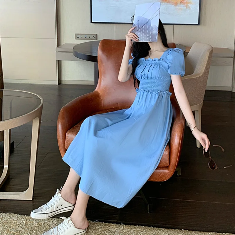 Blue Dresses Women Solid Elegant Holiday Puff Sleeve Summer 2021 New Folds  Beach Style Square Collar Vestidos Mujer Casual Chic - AliExpress 200000345