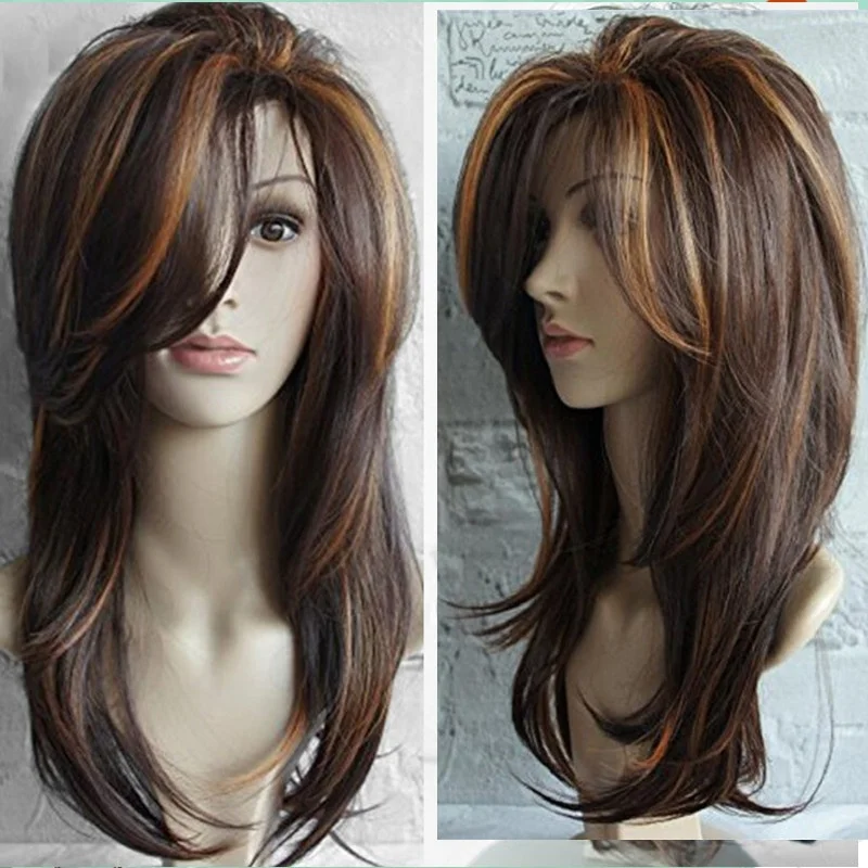 WHIMSICAL W Long Natural Wave  Wigs For Women Ombre Brown Mixed Color Heat Resistant Hair Synthetic Wig