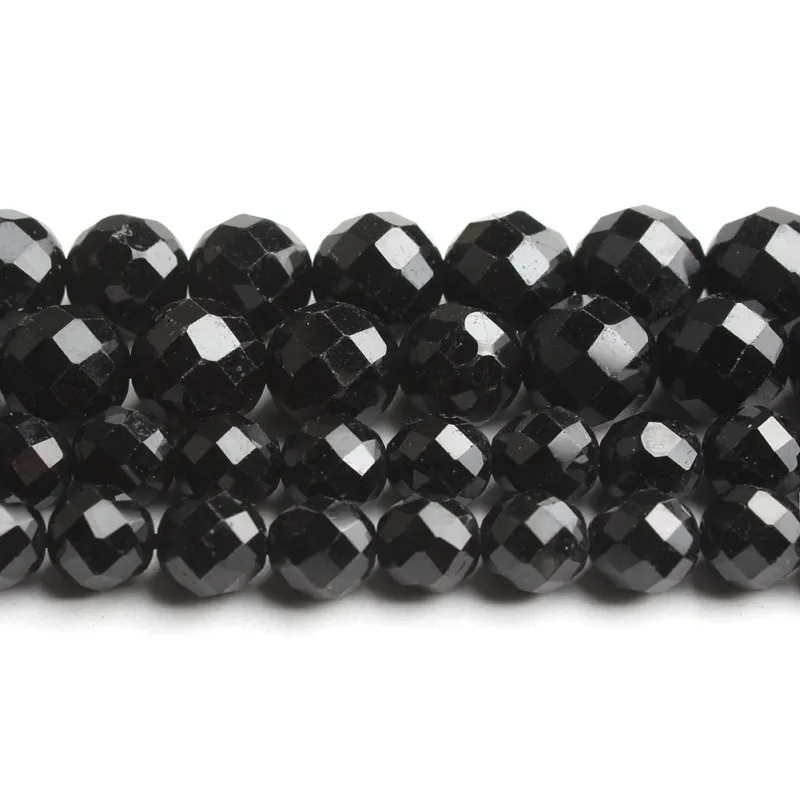 6/8mm Natural Faceted Black Tourmaline Stone Beads Round Loose Beads for Diy Bracelet Accessories Jewellery Making 7.5\'\'