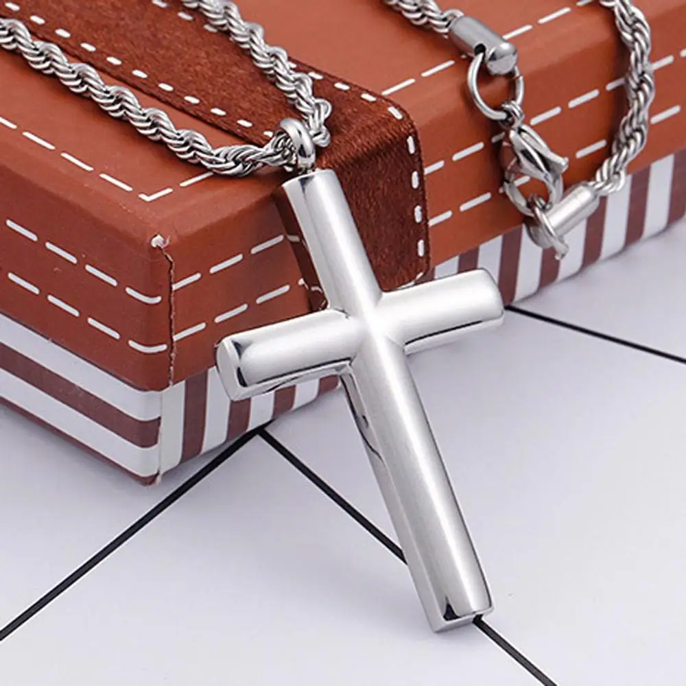 Fashion Cross Necklaces For Men High Polished 60cm Stainless Steel Silver Color Cross Jewelry Necklace Male Cheap Jewelry