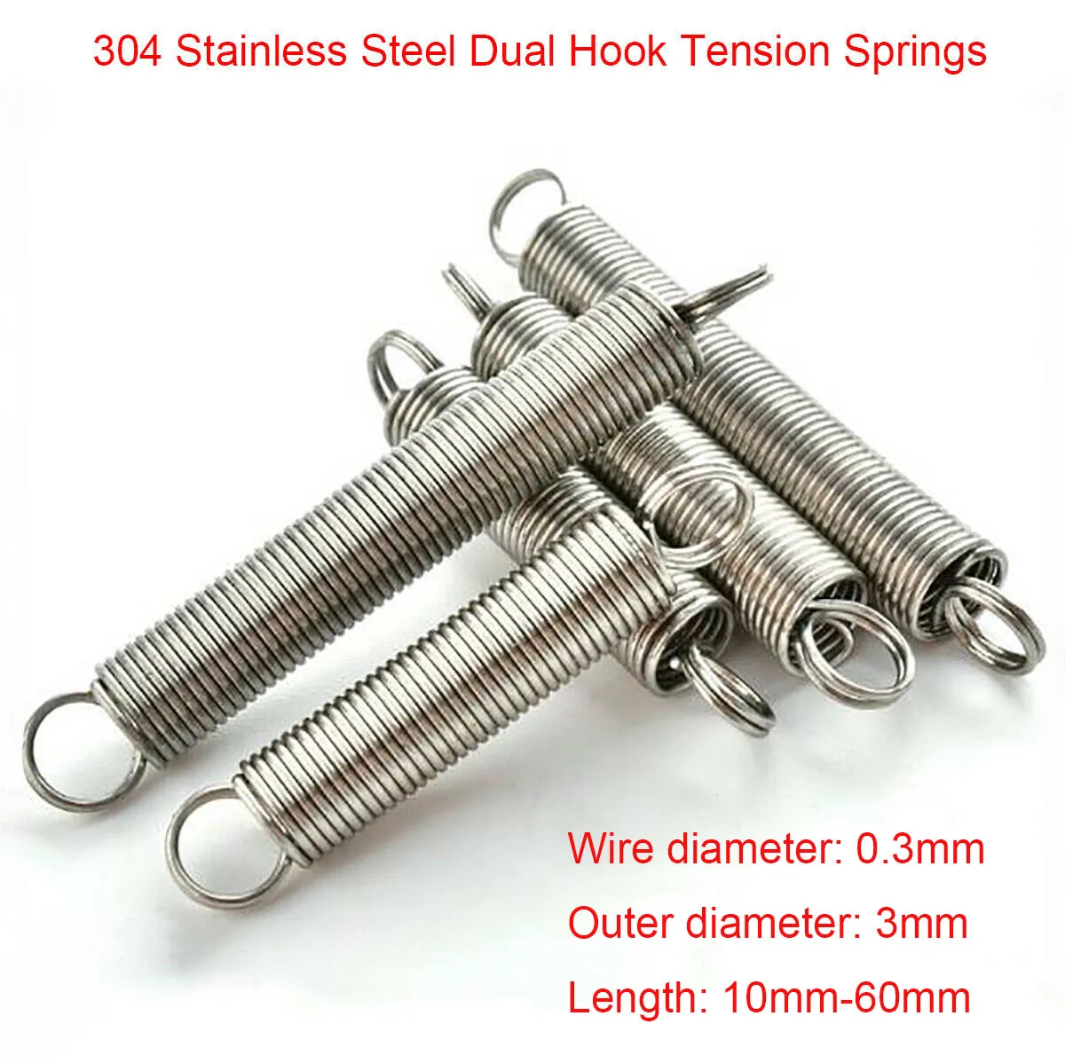 10Pcs 0.3mm Wire Dia 304 Stainless Steel Dual Hook Tension Extension Spring Outer Dia 3mm Length 10mm - 60mm