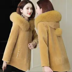 Abrigo de lana de cordero para mujer, Chaqueta corta cálida y suave con capucha de piel de zorro y cremallera, prendas de vestir de felpa a la moda, invierno, 2020