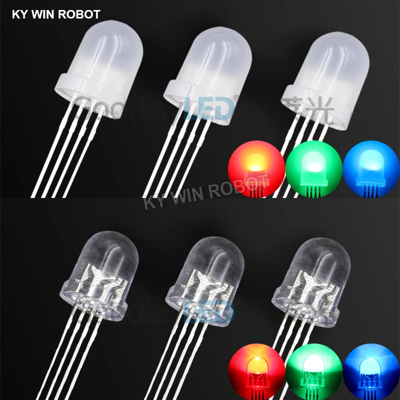 10 sztuk 8mm w pełnym kolorze LED RGB czerwony/zielony/niebieski wspólna katoda/anoda cztery stopy przezroczysty podświetlenie kolor światła 8mm