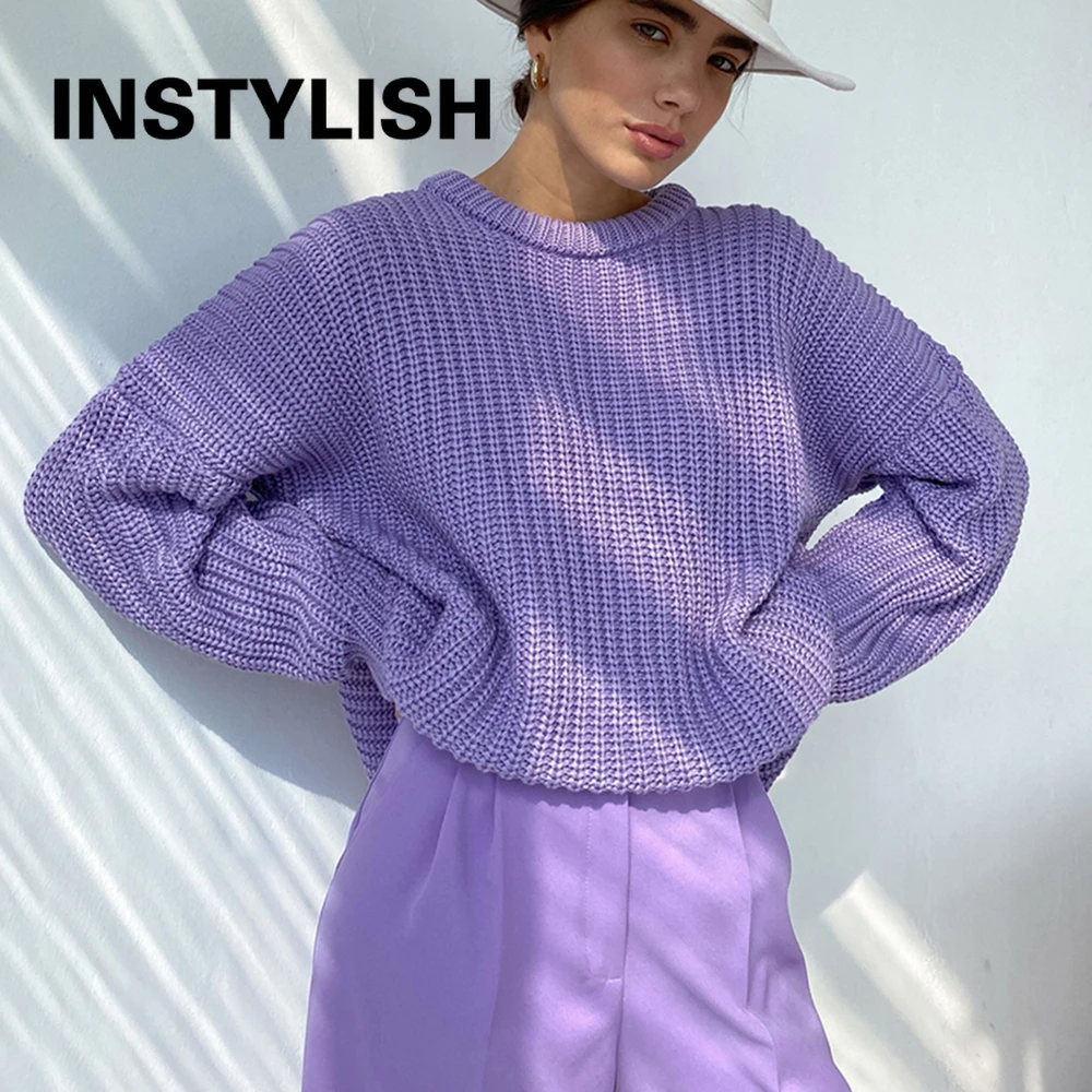 Instylish Long Sleeve O Neck Loose Sweater Elegant Solid Thick Oversized Pullover Vintage Cashmere Knitted Tops Harajuku Jumpers