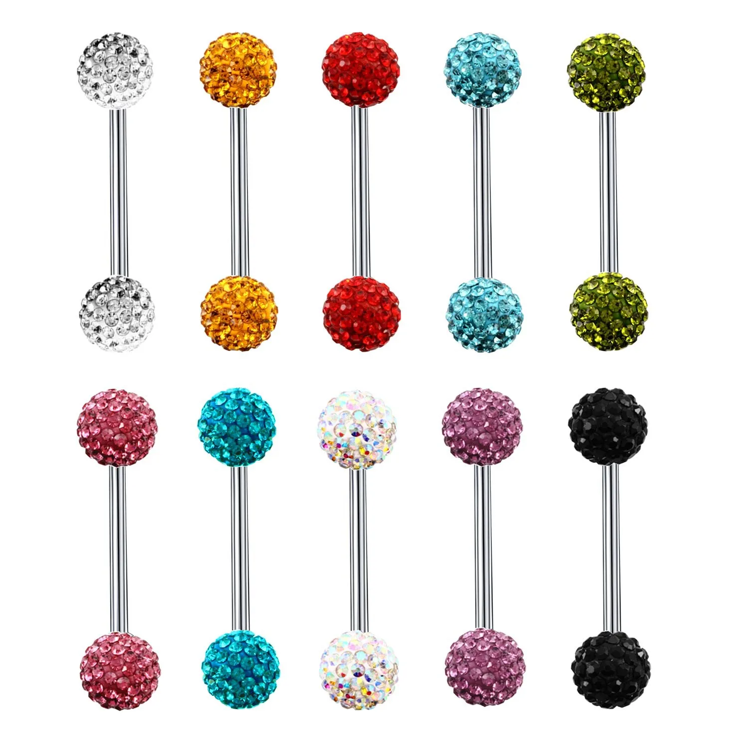 Stainess Steel Crystal Ball Tognue Piercing Barbell 14G CZ Nipple Piercing Bar Shiny Tongue Ring Bulk Sexy Body Piercing Jewelry