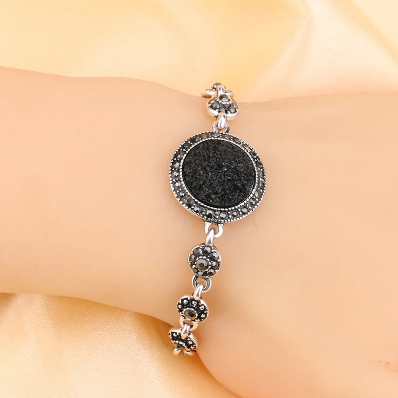 Hot 4pcs/Lot Black Broken Stone Wedding Jewelry Sets Earrings For Women Unique Bohemia Silver Plated Jewelry Engagement RingRing