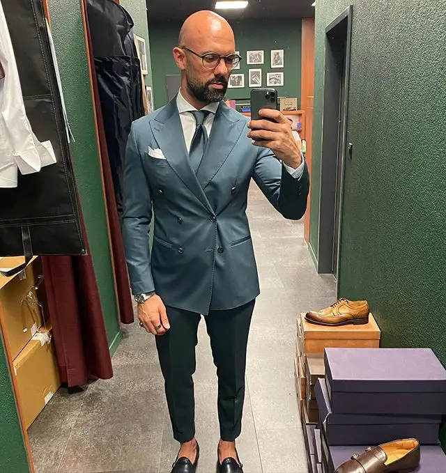 Moda podwójne piersi męskie smokingi ślubne Slim Fit odzież dla pana młodego biznesu na imprezę bal Best Men Blazer garnitur (kurtka + spodnie)