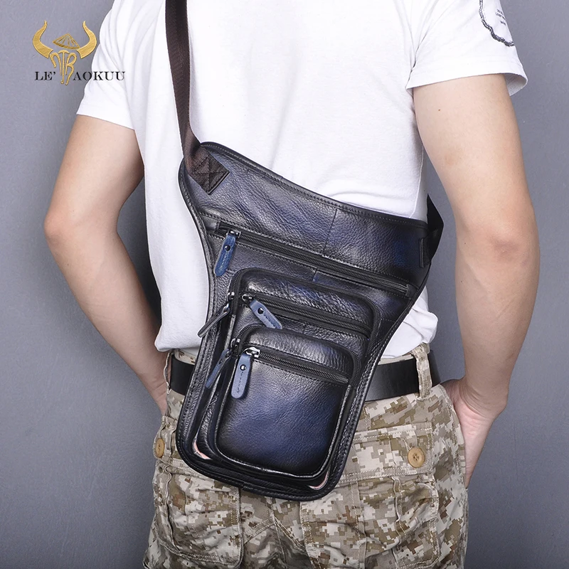 Hot Sale Original Leather Design Men Blue Messenger Mochila Bag Fashion Organizer Fanny Waist Belt Pack Drop Leg Bag Male 3111-c