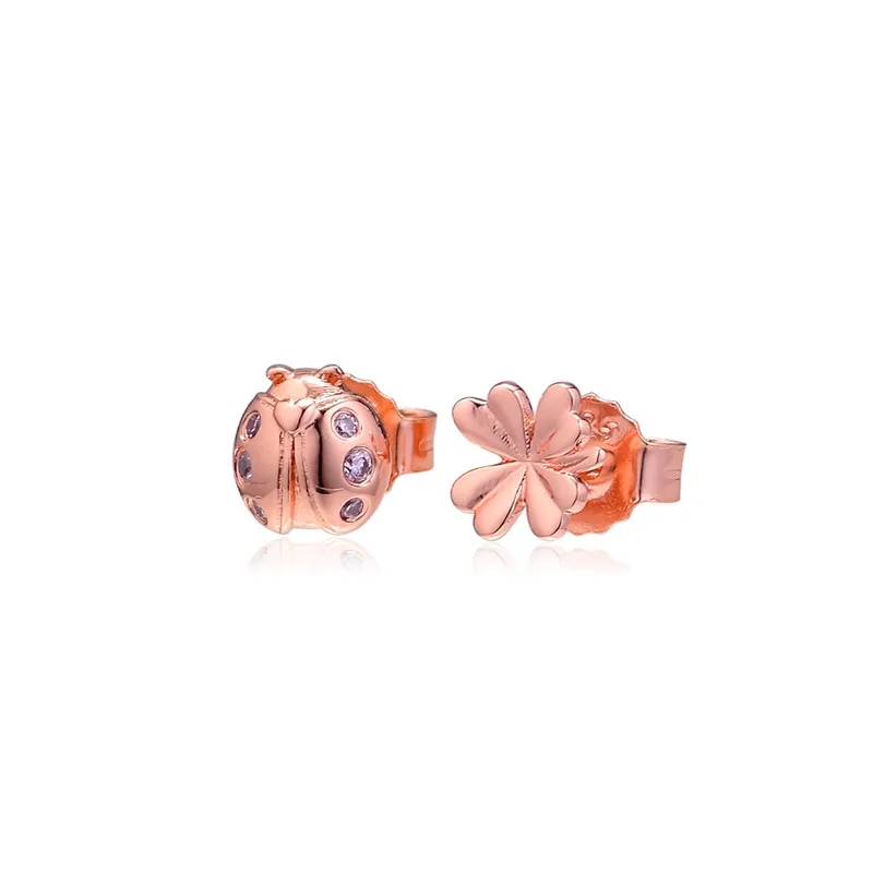 Klavertje Vier & Ladybird Rose Gouden Oorbellen Voor Vrouwen Verharde Zirkoonkristal Lente Stud Oorbellen Charm Sieraden 2019 Hot koop