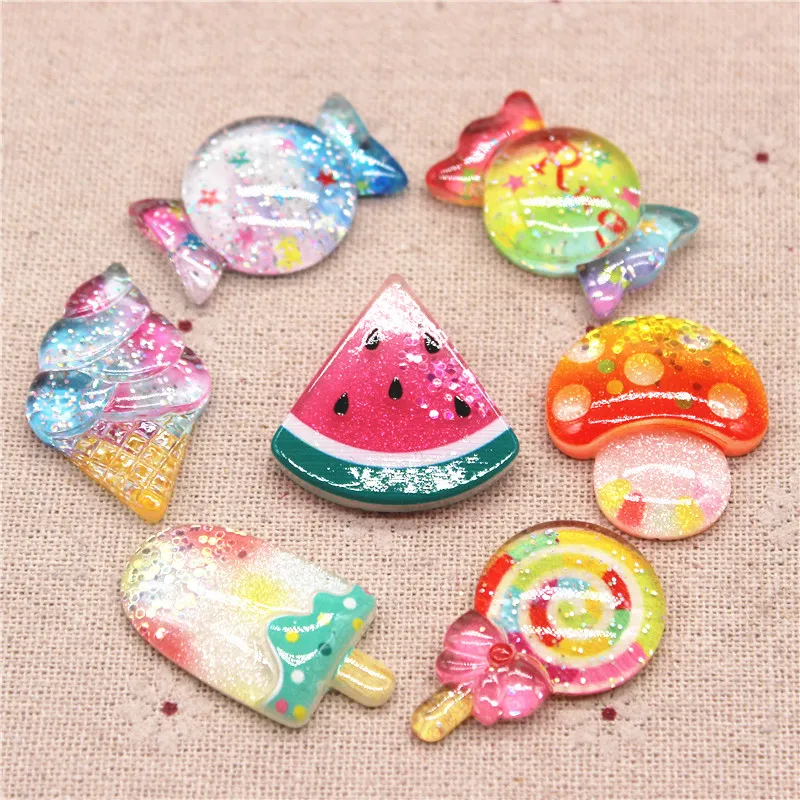 10pcs Kawaii Ins Style Resin Bling  Candy/Lollipop/Ice cream/Watermelon Cabochon DIY Home Craft Decoration Accessories