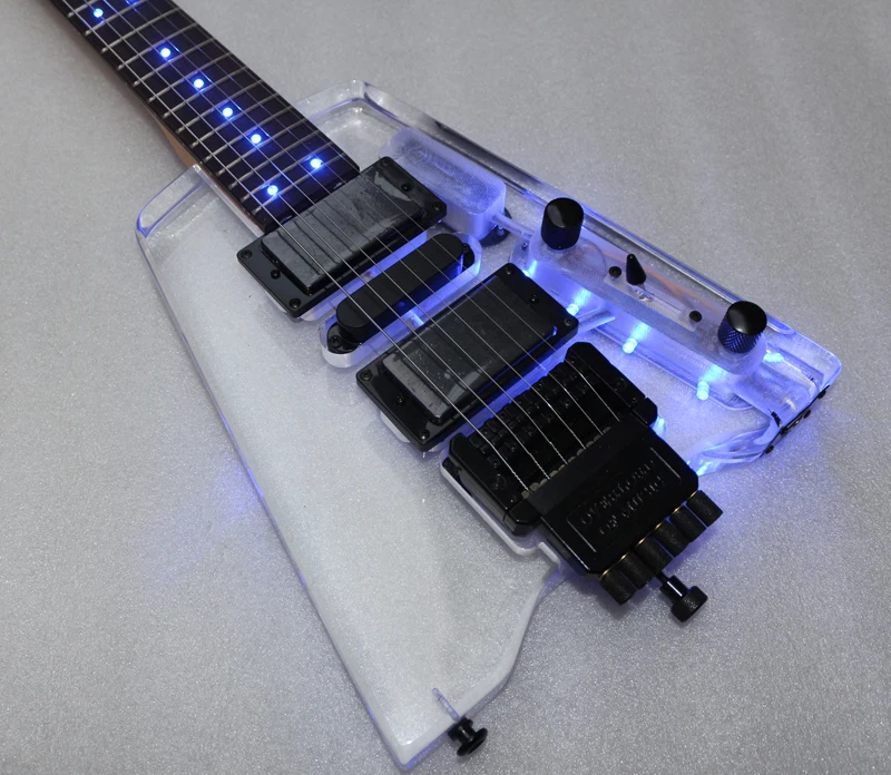 good quality headless portable travel acrylic mini electric guitar with blue light