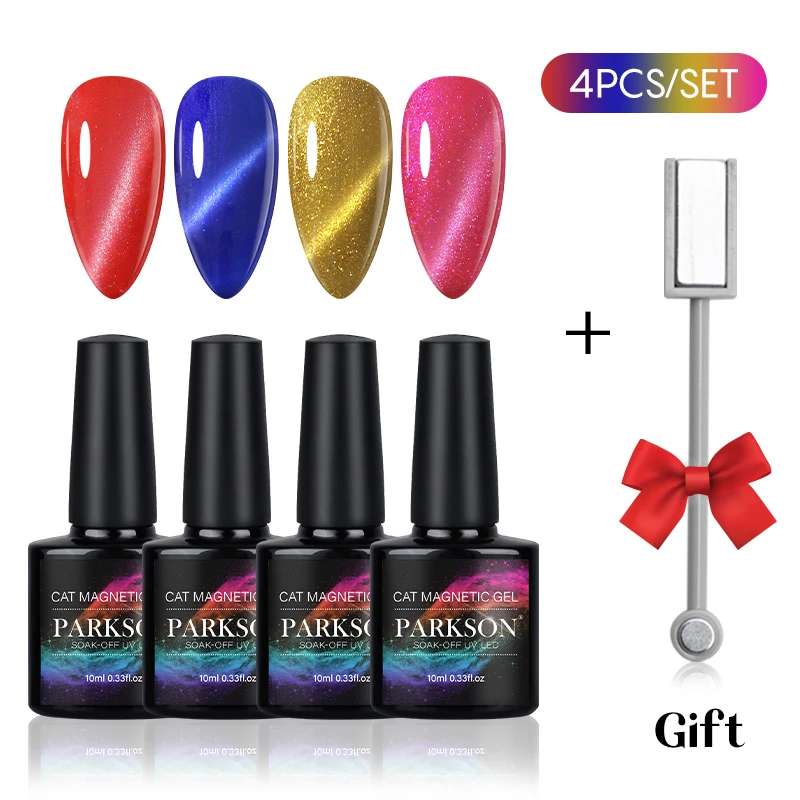 Parkson 4 PCS Cat Eye Set With Free Gift Soak Off Soak Off Enamel UV Agnetic Gel Polish Shiny Glitter Design 3D Cat Polishes Kit